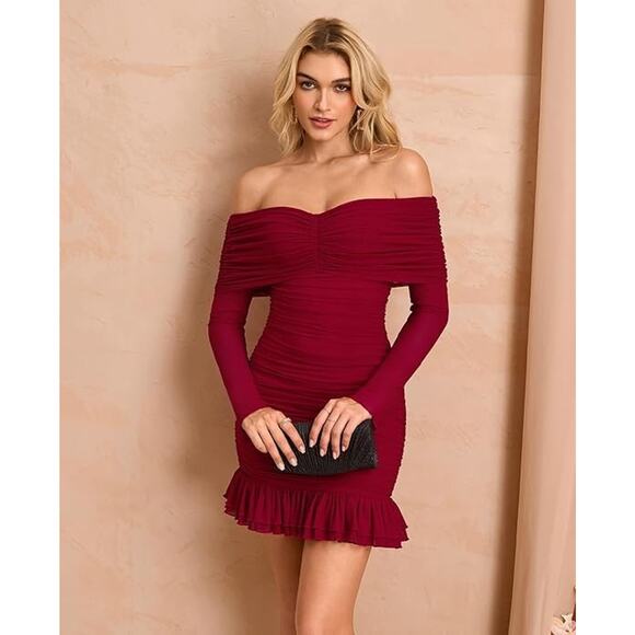 Womens Wine Red Off Shoulder Mesh Bodycon Ruffle Hem Ruched Sexy Mini Dress Med - Picture 4 of 10